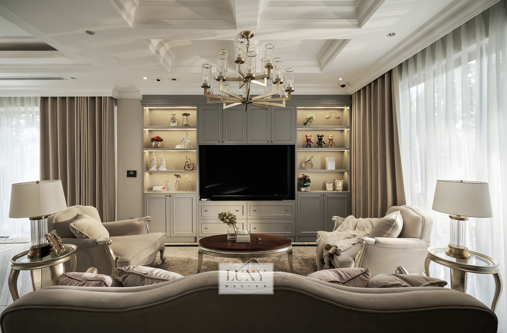 Phòng khách nổi bật với cách kết cấu đối xứng các vật dụng cùng màu sắc nhẹ nhàng