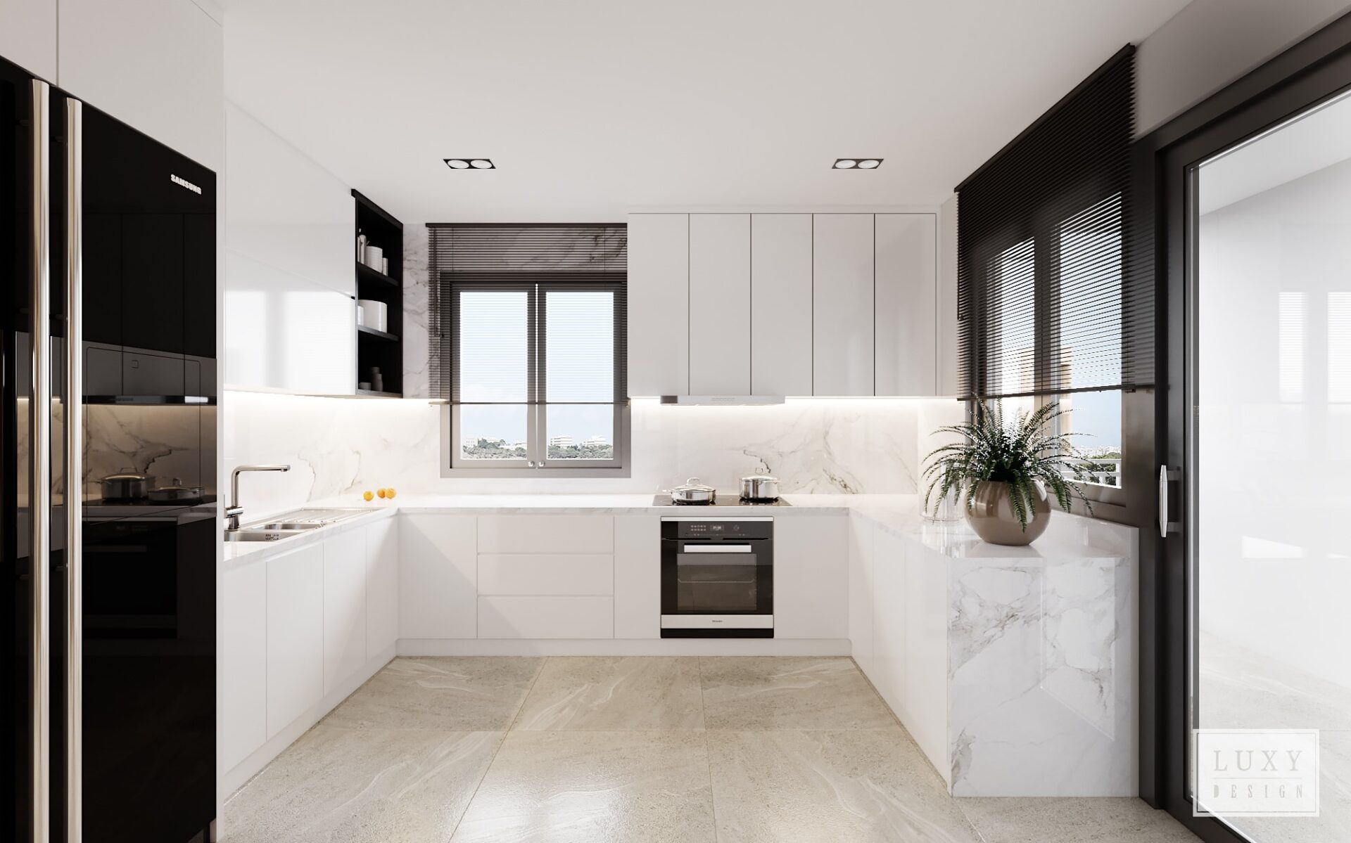 Phòng bếp chọn tông màu trắng và áp đá để đảm bảo vệ sinh