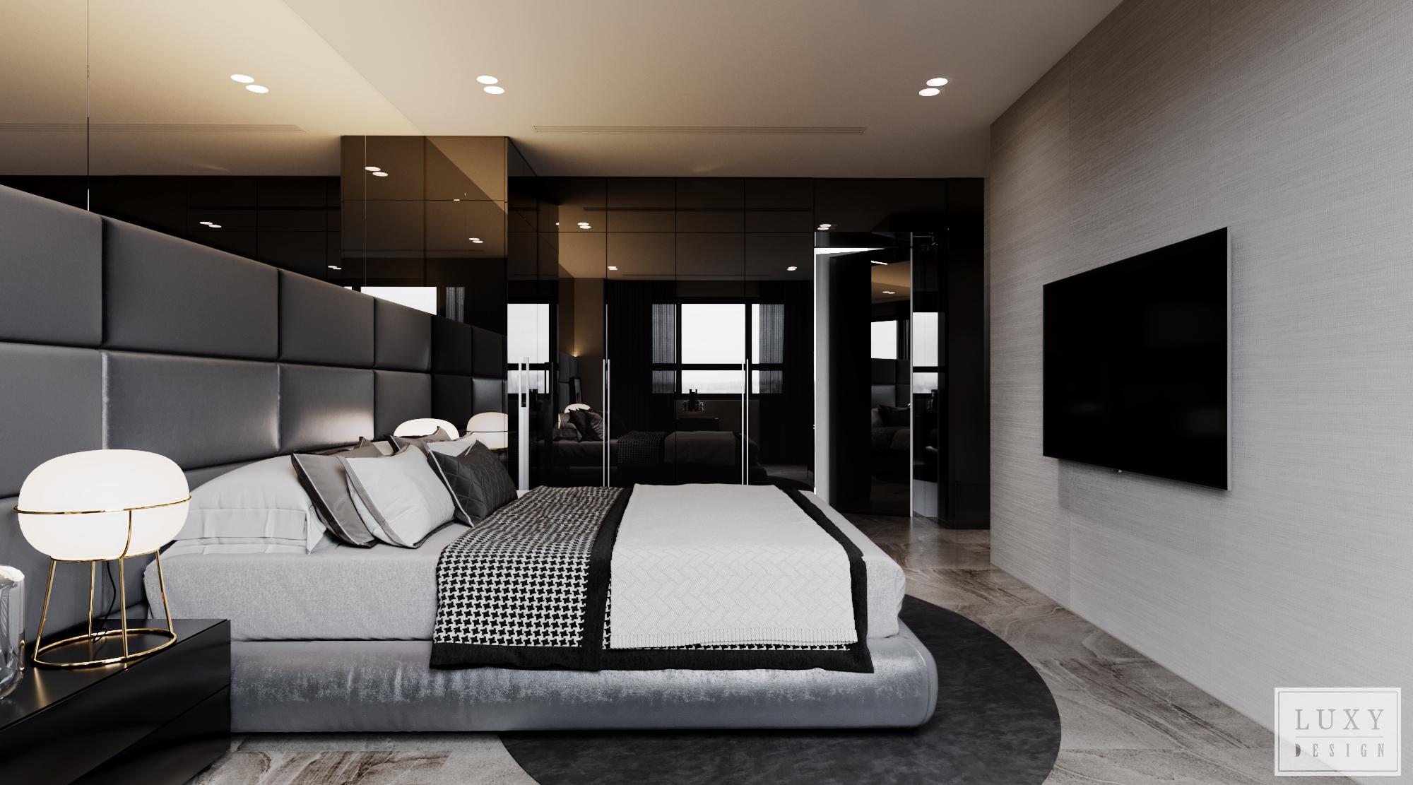 Phòng ngủ thiết kế sang trọng với tông đen và xám