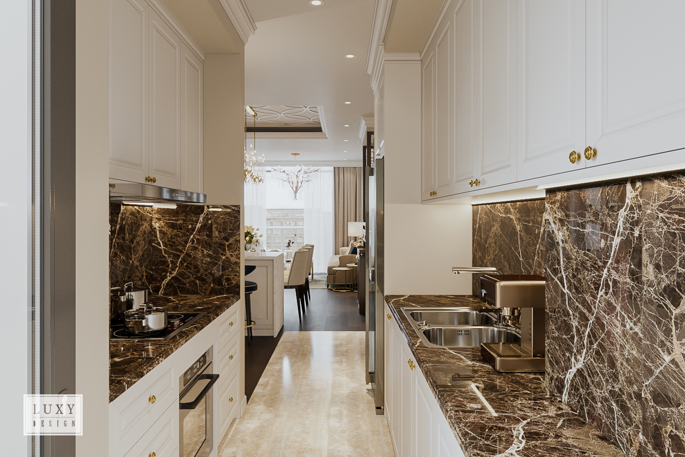 Phòng bếp được áp đá màu trầm để tạo ra sự sạch sẽ cho không gian