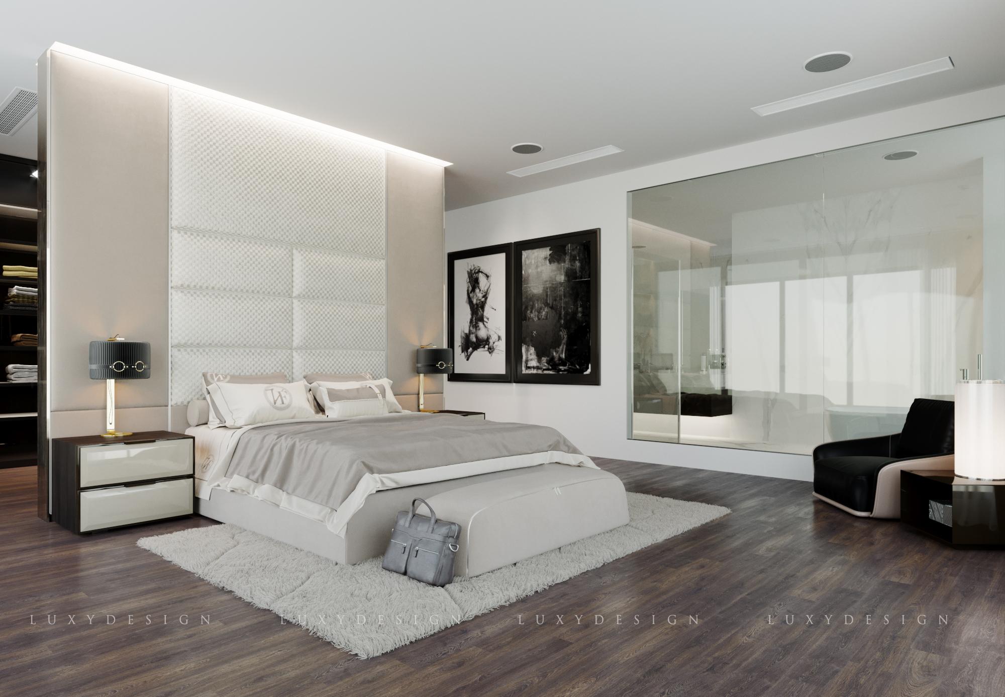 Phòng ngủ cũng được tối đa không gian bằng gam màu trắng pha thêm các màu sắc của vật dụng