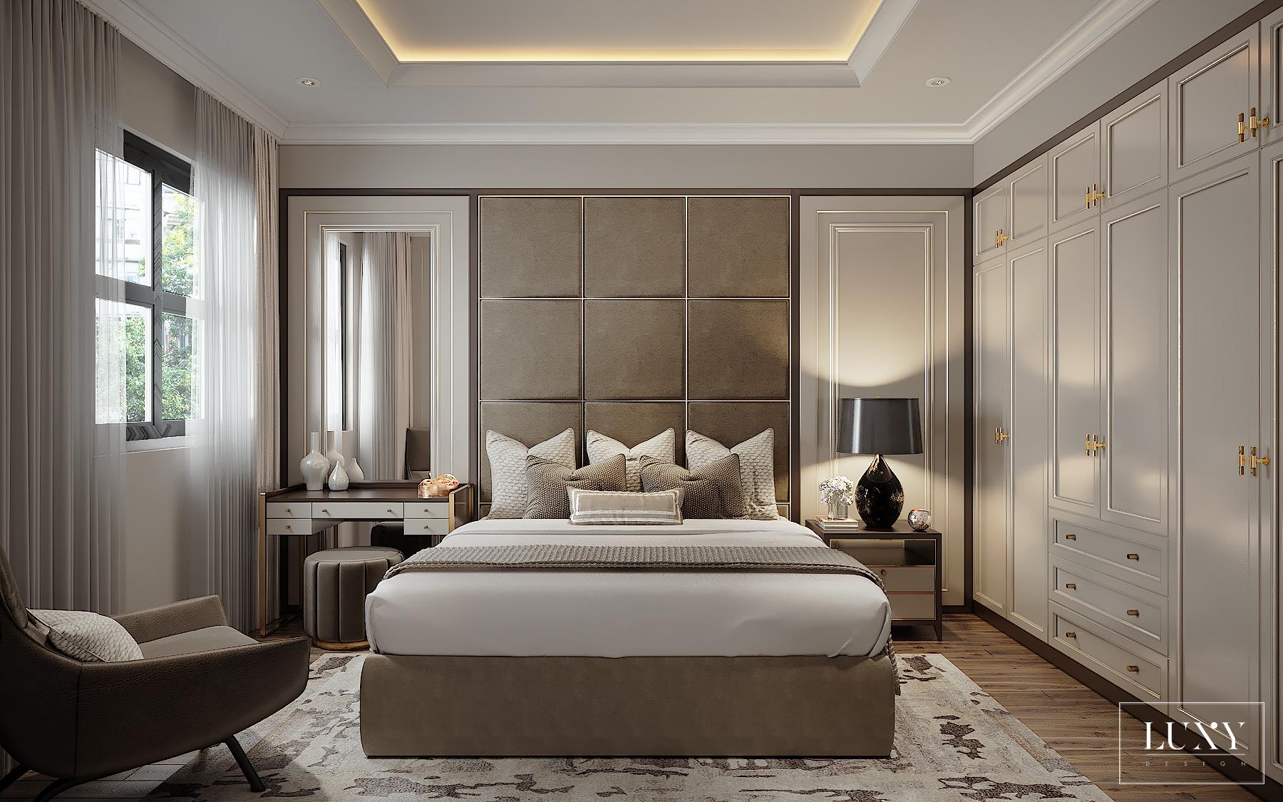 Phòng ngủ cho cha mẹ được bố trí cân đối các vật dụng là nét đặc trưng của phong cách bán cổ điển