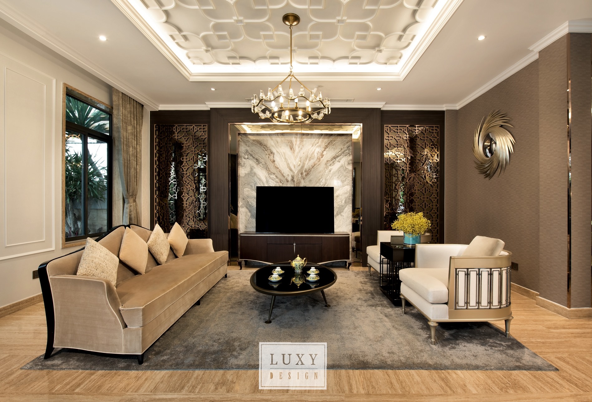 Các gam màu trầm và nhẹ nhàng được kết hợp tối ưu trong không gian phòng khách