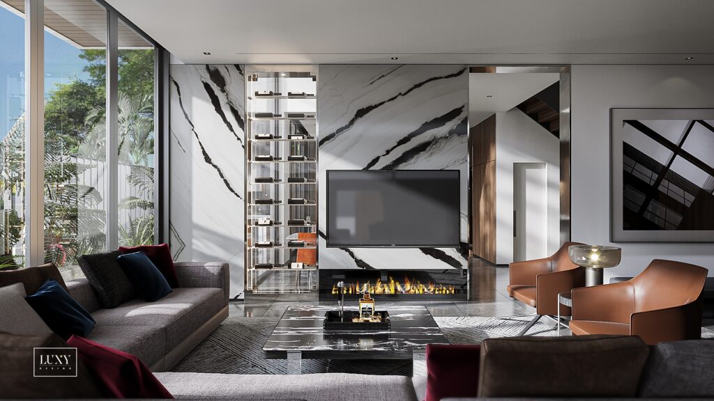 Thiết kế nội thất phòng khách phong cách hiện đại với các điểm nhấn ấn tượng về màu sắc