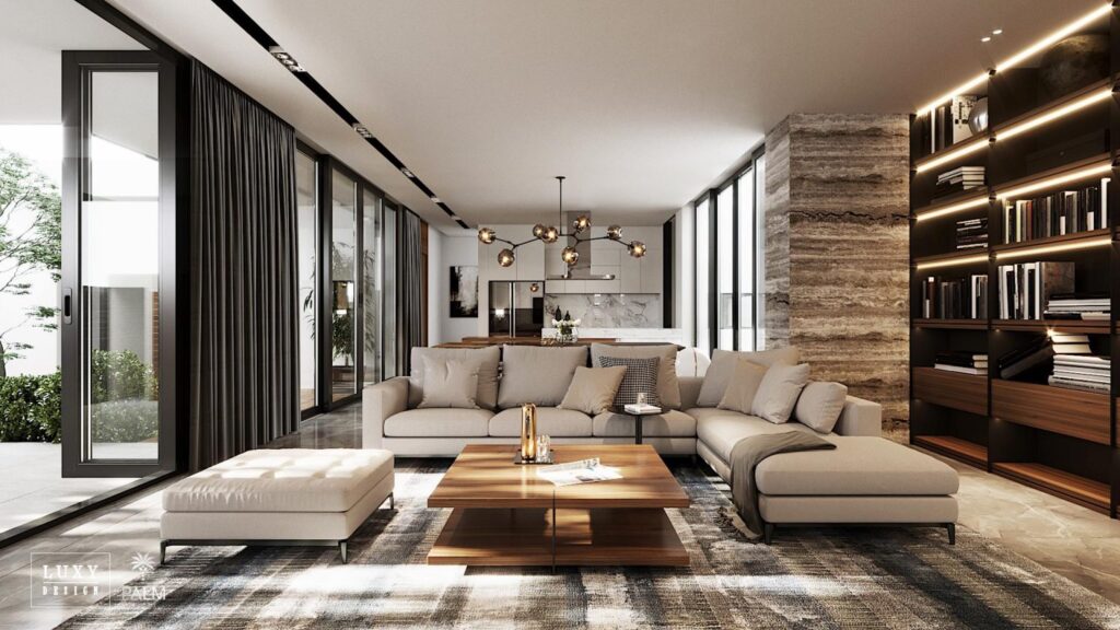 Phòng khách thiết kế nội thất biệt thự phong cách hiện đại Rạch Giá tràn ngập ánh sáng tự nhiên