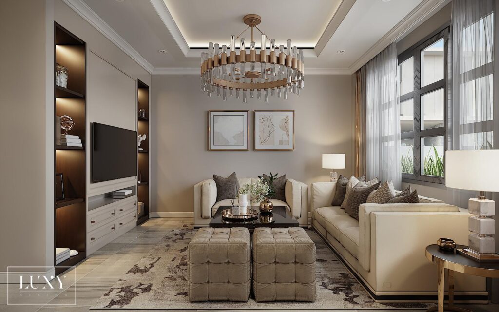 Thiết kế phòng khách với nhiều đường thẳng, ngang tạo cảm giác sang trọng, thể hiện sự tinh tế và phong cách sống cao cấp của gia chủ