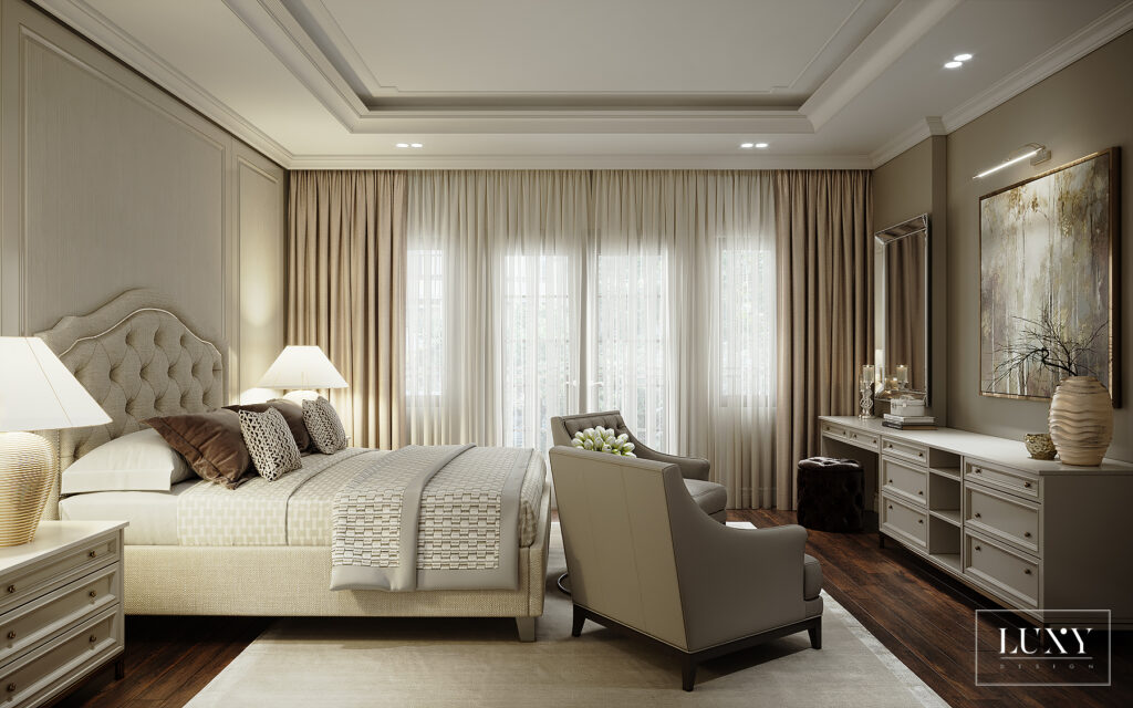 Phòng ngủ theo phong cách bán cổ điển sang trọng của dự án thiết kế nội thất nhà phố cao cấp 