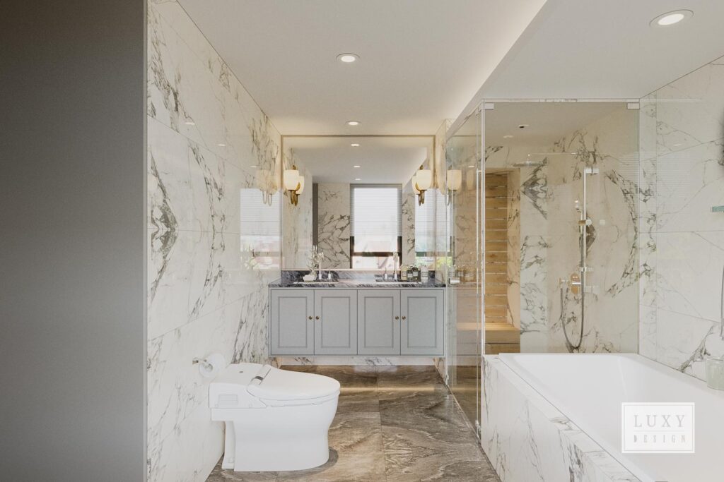 Phòng vệ sinh với thiết kế đá marble trắng ốp tường ấn tượng