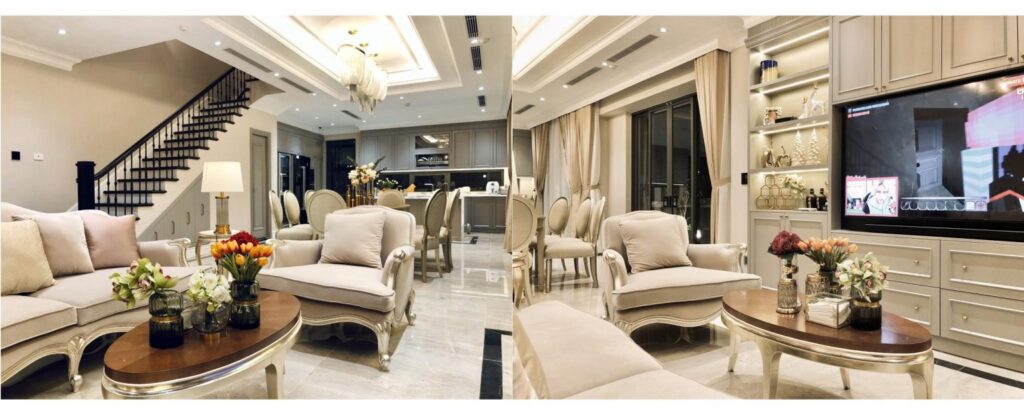 Hình ảnh thực tế phòng khách dự án thiết kế nội thất biệt thự Gamuda Hà Nội 350m2 sau khi hoàn thiện 